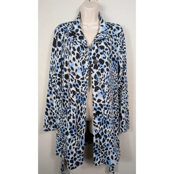 Susan Graver Blue Black LK Fusion Animal Print Long Sleeve Tie Waist‎ Coat Small - Picture 6 of 13